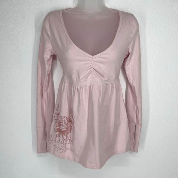 Hollister Tops - Hollister Y2K Pink Babydoll Top Long Sleeve Rose Graphic Paris Tie Back Small